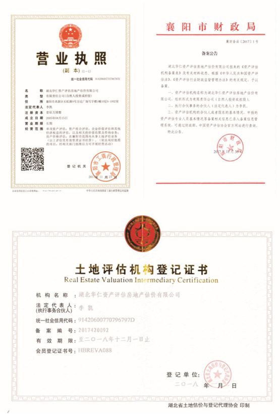 華仁資產(chǎn)評估房地產(chǎn)估價有限公司營業(yè)執(zhí)照、資產(chǎn)評估備案公告、土地評估機構登記證書.jpg